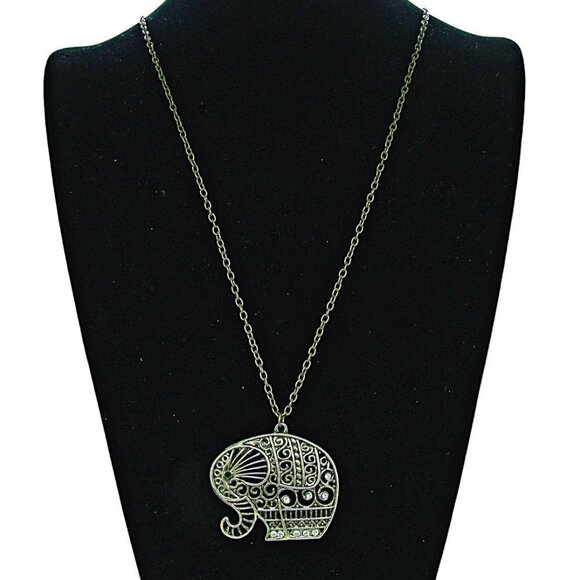 Elephant Pendant Necklace with Rhinestone Crystals Brass Filigree 15" Vintage - Picture 7 of 10